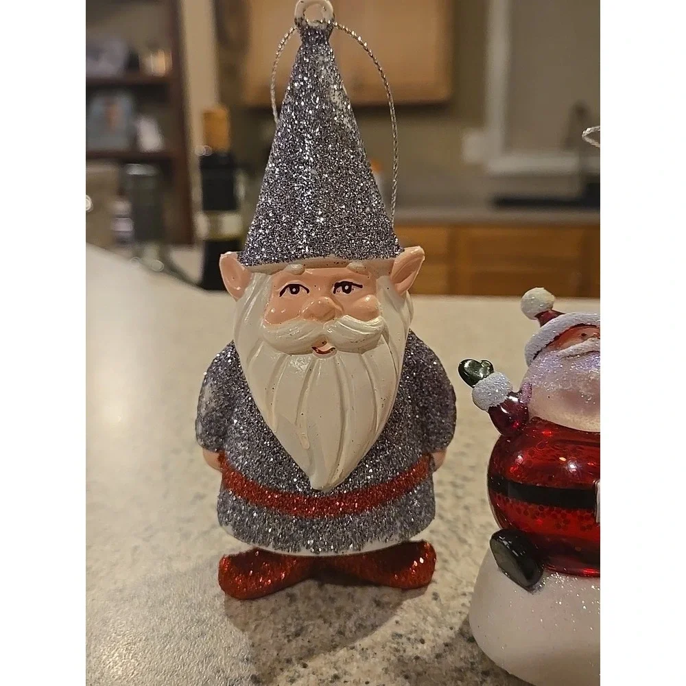 Midwest C B K Snow Globe Santa Lighted Glitter & 2 GNOME Elf Ornaments‎ Trd Gray